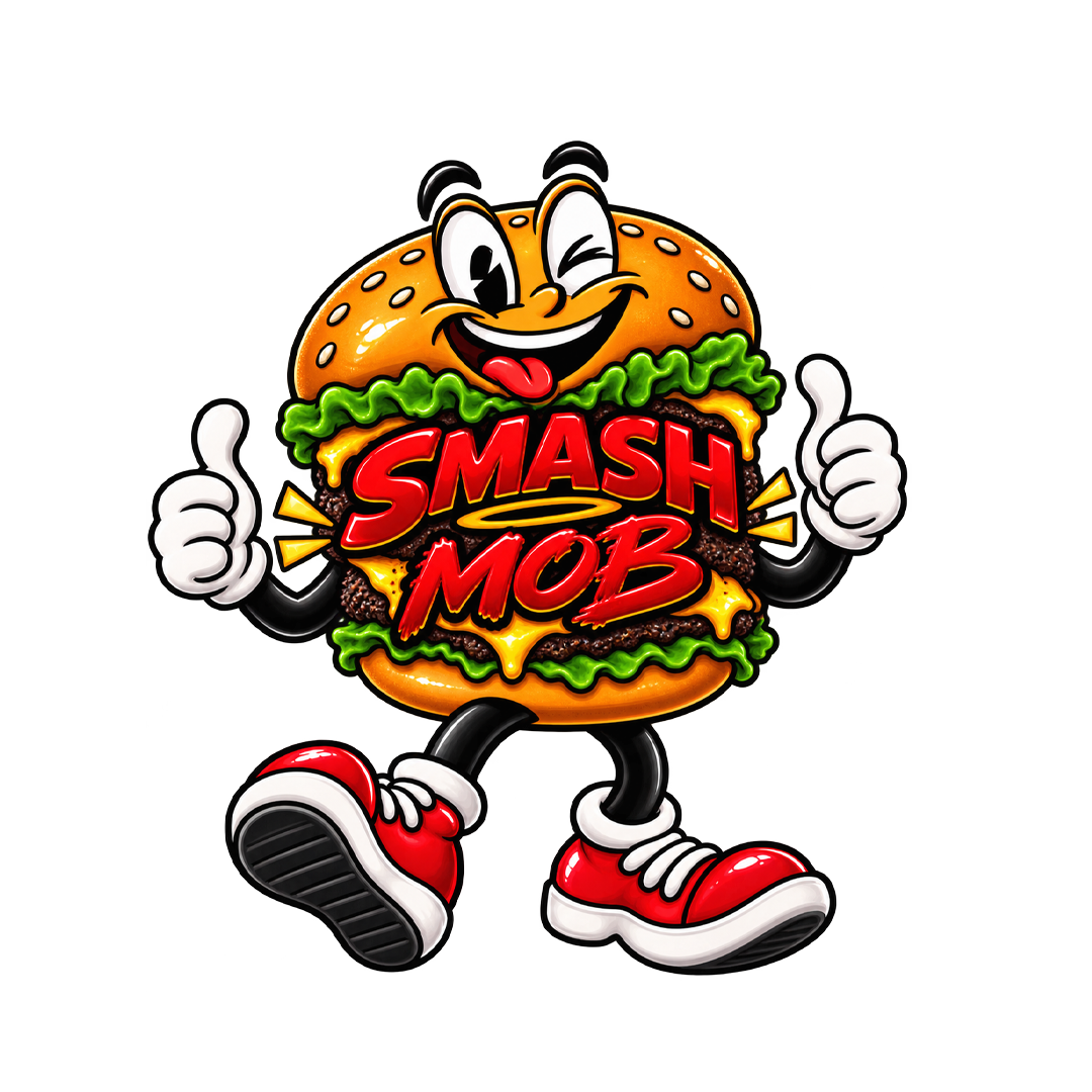 Smash MOB Burgers mascot giving two thumbs up